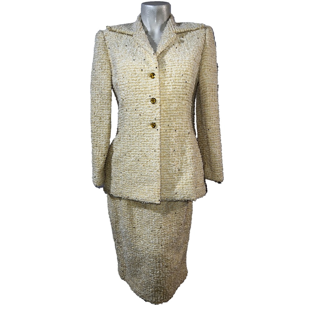 Peggy Jennings Suit Womens 8 Yellow Boucle Sequin Button Blazer Pencil Skirt Set